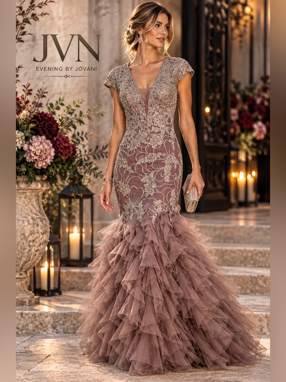 NWT,JVN by Jovani NWT Embellished Lace Ruffle Mermaid Evening Gown Size 4